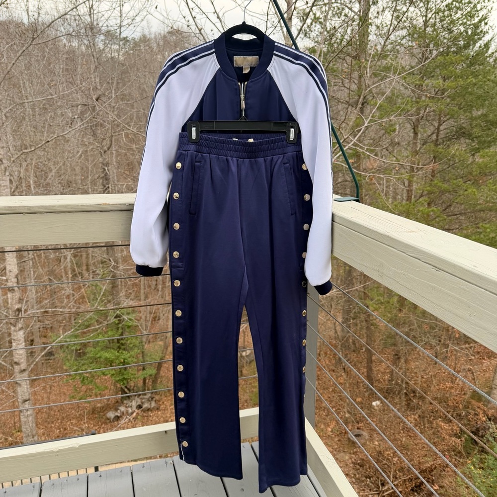 SET!! MICHAEL KORS Navy Blue White Track Jumpsuit Jacket Striped Break Away Pant - Picture 3 of 16
